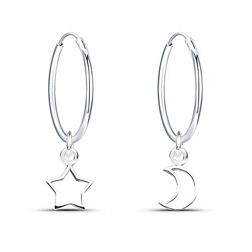Epoch World 925 Silber Ohrringe Damen Creolen mit Anhänger Mond und Stern Ohrhänger Kreolen Durchmesser 16mm Ohrringe für Frauen und Mädchen