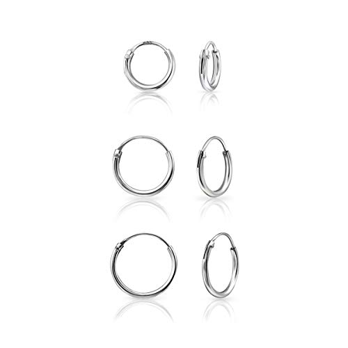 DTPsilver® 3 Paare WINZIGE Creolen Ohrringe 925 Sterling Silber - Knorpel/Wendel/Tragus - Dicke 1.2 mm - Durchmesser 8, 10, 12 mm