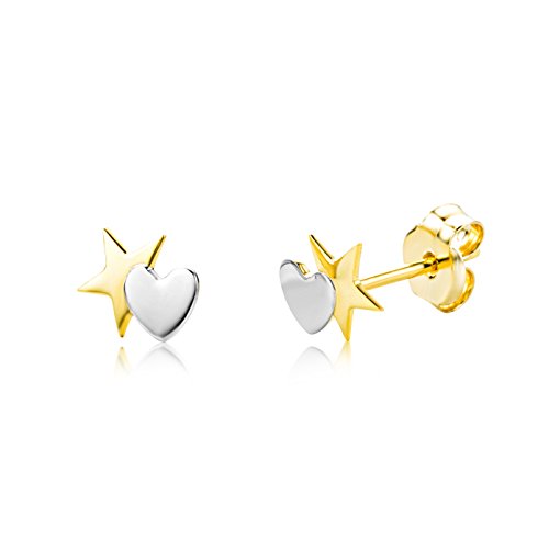 Miore Ohrringe Kinder Mädchen Bicolor Gelbgold / Weißgold 9 Karat / 375 Gold Ohrstecker mit Herz und Stern