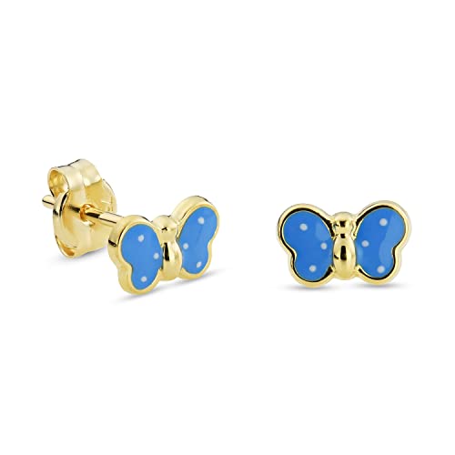 Miore Schmuck Kinder Mädchen Ohrstecker blaue Schmetterling Ohrringe aus Gelbgold 18 Karat / 750 Gold mit mit Schmetterlingsverschluss 7 x 4.5 mm