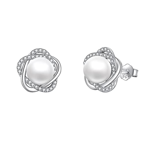 Perlen Ohrringe für Damen 925 Sterling Silber Irischer Keltischer Knoten Creolen Leverback Schmuck Geschenke für Mama Mutter Mädchen Freunde (Perlen ohrringe 1)