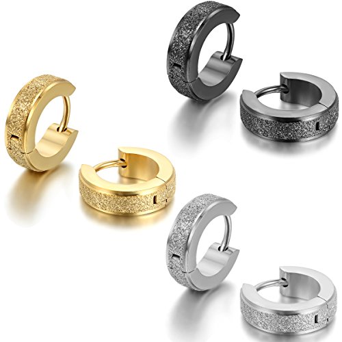 JewelryWe Schmuck 3 Paare Herren Damen Ohrringe, Edelstahl, Sandgestrahlt Creolen Hoop Huggie Ohrstecker, Silber Schwarz Gold