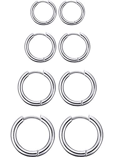 Boao 4 Paare Edelstahl Creolen Ohrringe Kleine Knorpel Hoop Ohrringe Nase Lippen Ringe für Männer und Damen (8 mm, 10 mm, 12 mm, 14 mm, Stahlfarbe)