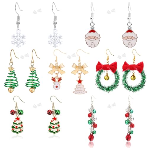 7 Paar Weihnachts Ohrringe, Weihnachten für Damen, Christmas Earrings, Schneeflocken, Weihnachtsmann, Weihnachtsglocken, Weihnachtsbaum Ohrringe für Festliche Anlässe und Täglichen Gebrauch