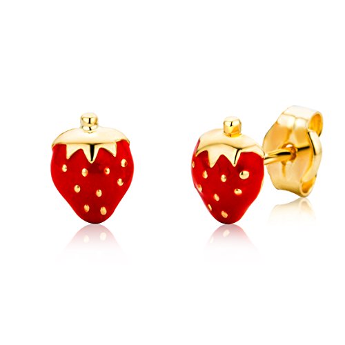 Miore Schmuck Kinder Mädchen Ohrstecker rote Erdbeeren Ohrringe aus Gelbgold 18 Karat / 750 Gold