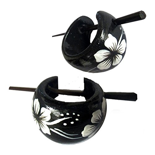 CHICNET Hawaii Blumen Holzcreolen Pin-Ohrringe Pin-Creolen Holz Horn Pin schwarz weiß handbemalt 16 mm