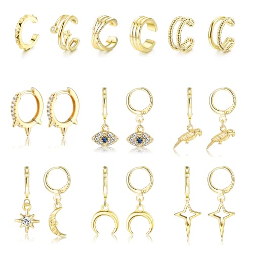 Wombort Gold Creolen Ohrringe für Damen Mädchen Kleine Baumelnde Ohrringe Böser Blick Schlange Mond Stern Huggie Creolen Ohrringe