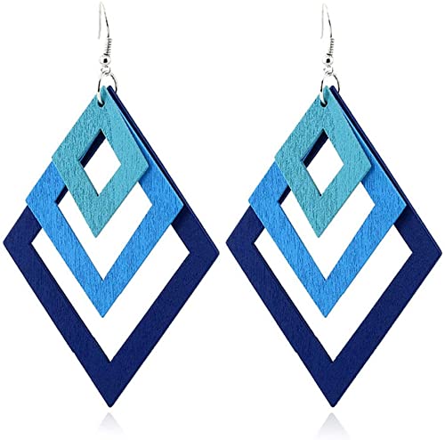 Bunte geometrische Rautenform Anhänger mehrere Farbverläufe Holz Ohrringe für Frauen, Blau