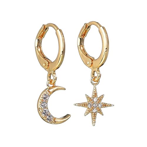 Exquisite Gold Silber Farbe Zirkon Kleine Creolen für Frauen Stern Mond asymmetrische Ohrringe Mode für Mädchen Geburtstagsgeschenk Fashion Processed
