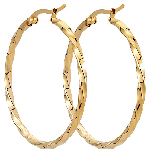 BONNYBIRD® Creolen Gold Groß Gedreht - Statement Ohrringe ,Goldene Ohrringe Damen Ohrringe Kreolen Gold Hoops 40mm