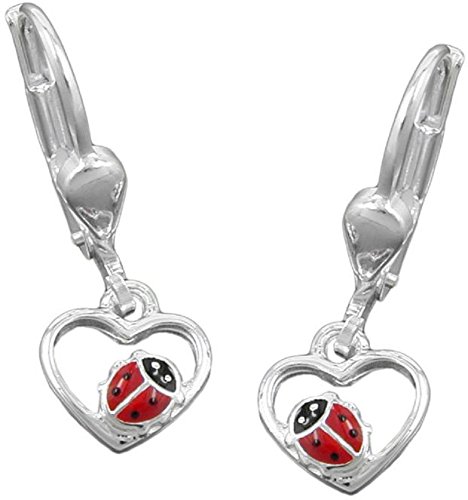 Ohrbrisur Ohrhänger Ohrringe 22x8mm Herz mit Marienkäfer rot-schwarz lackiert Silber 925