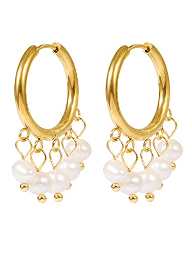 Creolen mit Perlen Anhänger Damen Perlen Ohrringe Kreolen mit Perle vergoldet 18K für Frauen und Mädchen