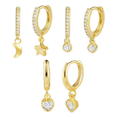 Creolen Ohrringe mit Anhänger für Damen, 3 Paar Gold Hängende Creolen Ohrringe mit Stern Mond Zirkonia, Gold Ohrringe Set Schmuck für Frauen Damen