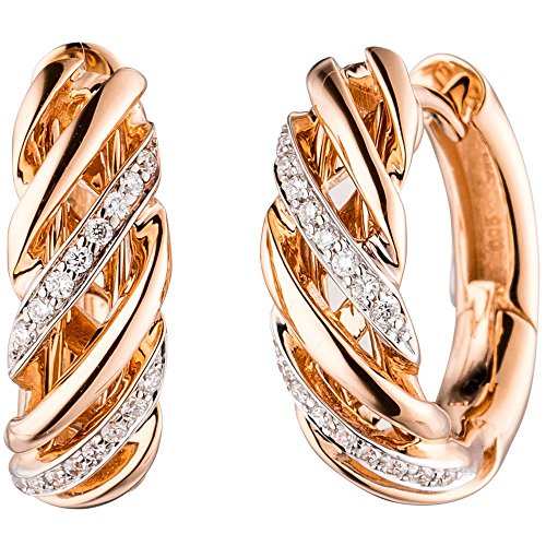 Paar Ohrringe Creolen 15mm rund mit 32 Diamanten Brillanten 585 Gold Rotgold
